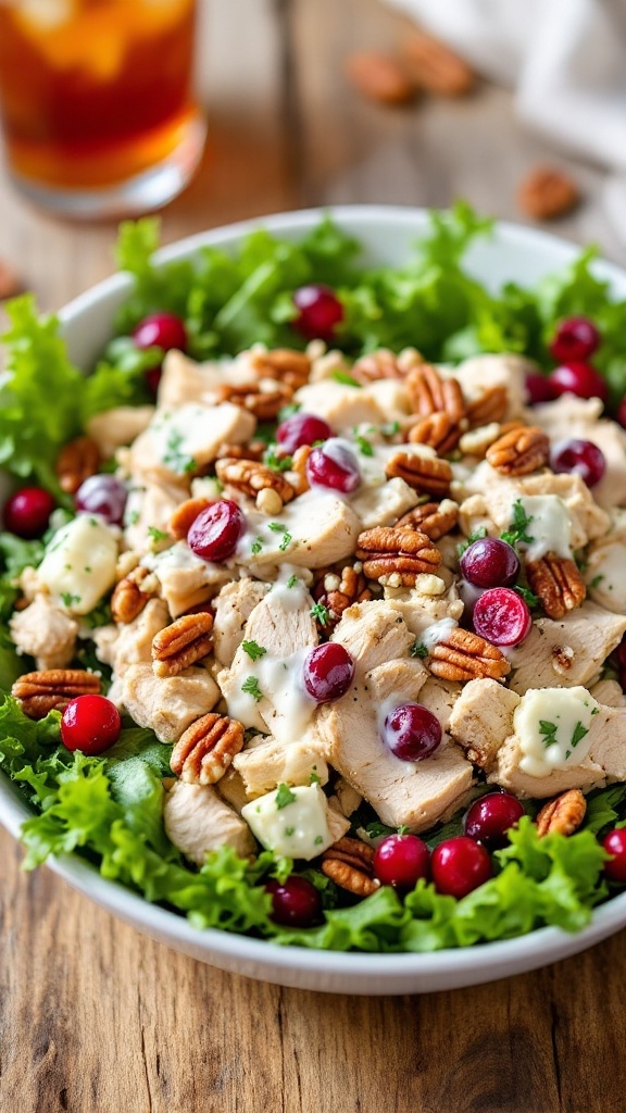 Cranberry pecan chicken salad with chicken, cranberries, pecans, served on mixed greens with a creamy dressing.