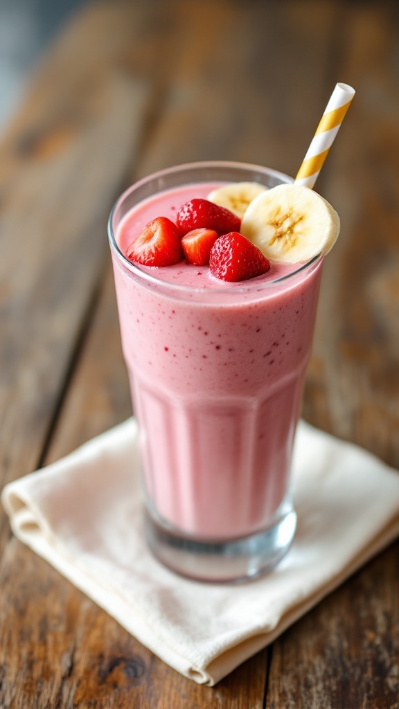 A glass of strawberry banana smoothie with banana slice and strawberries on top, on a wooden table.