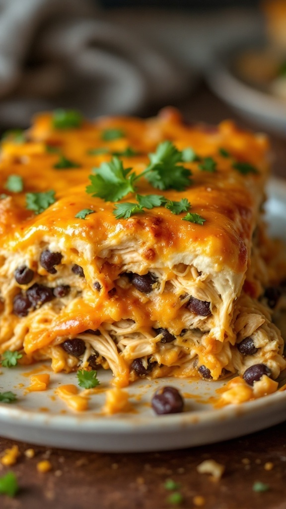 A delicious chicken burrito casserole with layers of chicken, beans, and melted cheese, garnished with cilantro.