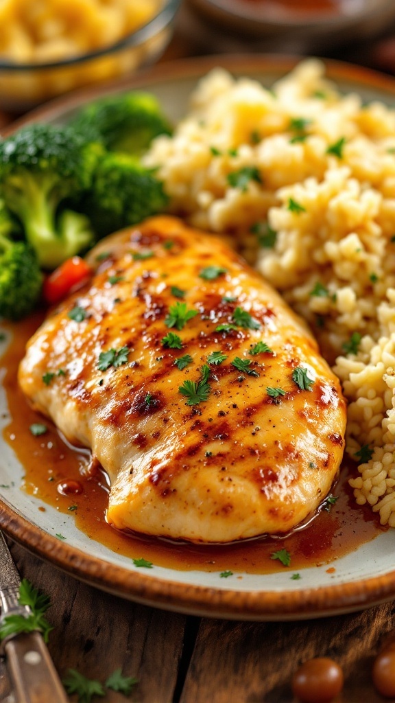 Garlic butter chicken breast garnished with parsley, served with broccoli and rice on a wooden table.