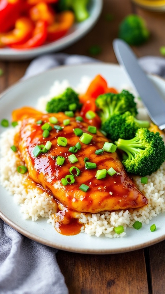A juicy honey garlic chicken breast on rice with vegetables, garnished with green onions.