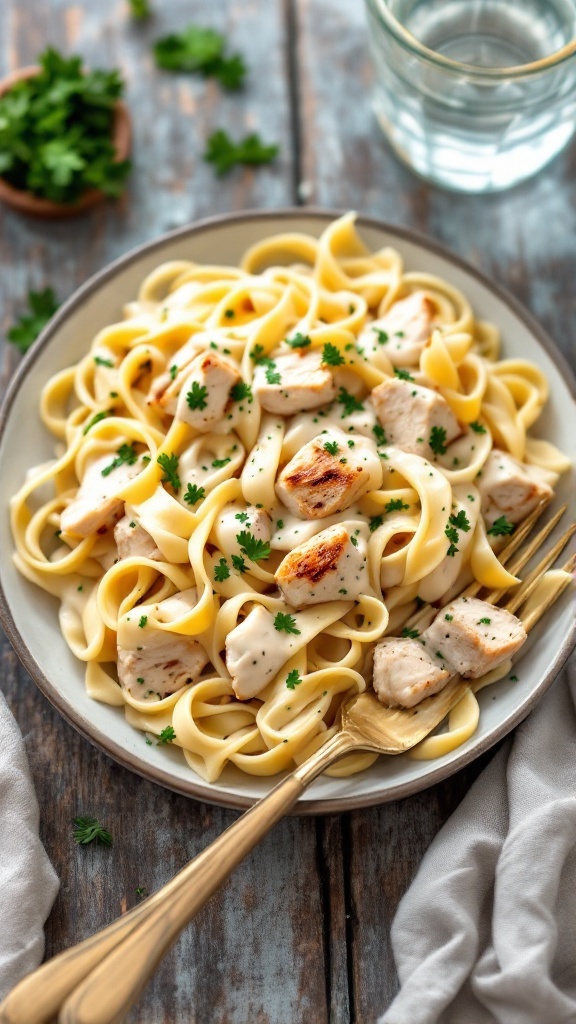 A light chicken alfredo pasta dish with fettuccine, grilled chicken, and garnished with parsley on a rustic table.