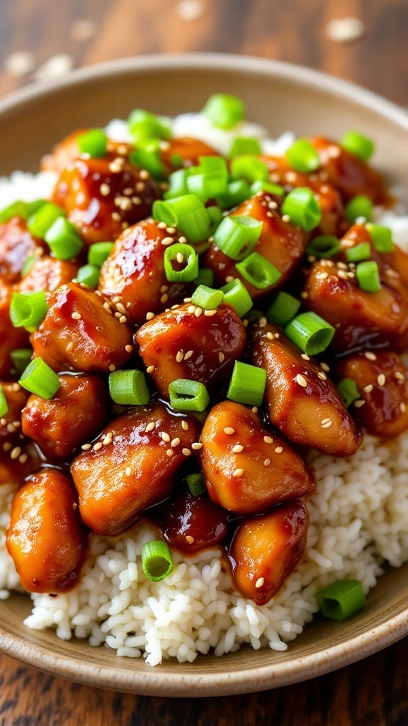A plate of Mongolian chicken with rice, garnished with green onions and sesame seeds on a wooden table.