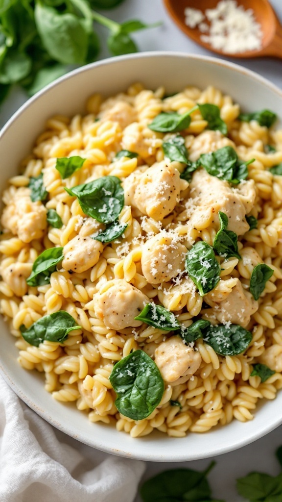 A bowl of creamy garlic chicken orzo topped with spinach and Parmesan cheese, served with a wooden spoon.