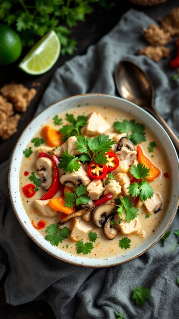 A bowl of Thai coconut chicken soup with chicken, vegetables, cilantro, and lime wedges on a rustic table.