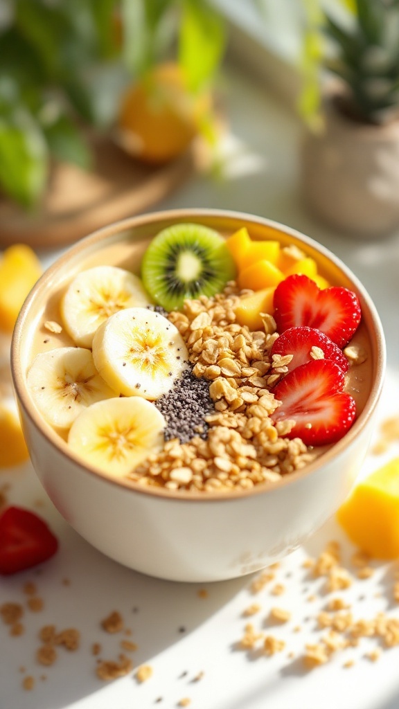 A vibrant smoothie bowl topped with granola, fresh fruits, and chia seeds on a sunny kitchen table.