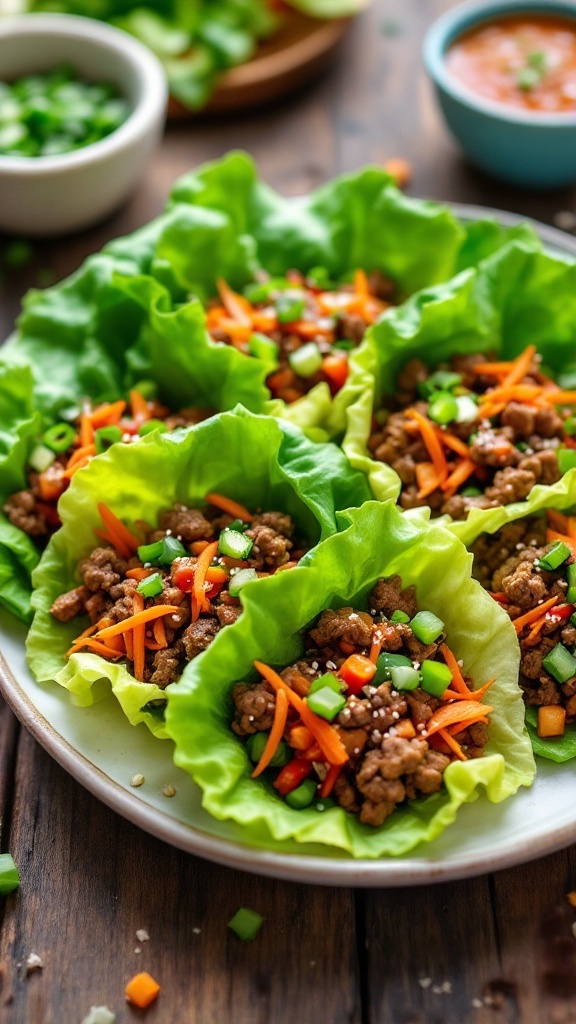 A plate of ground beef lettuce wraps filled with colorful vegetables, garnished with green onions and sesame seeds.