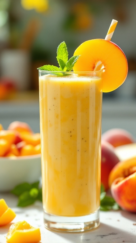 A refreshing mango peach smoothie in a glass, garnished with peach and mint, on a sunny kitchen countertop.