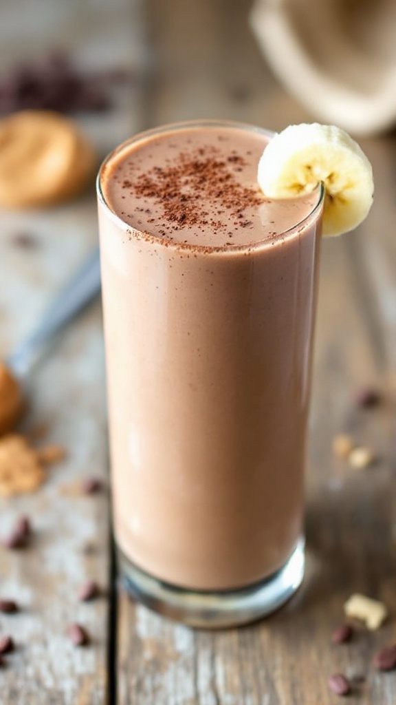 A refreshing Peanut Butter Chocolate Dream Smoothie in a glass, garnished with cocoa powder and banana, surrounded by cocoa nibs and peanut butter on a wooden table.