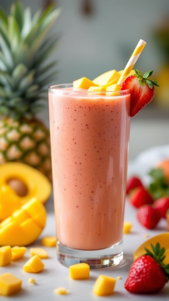 Refreshing strawberry mango smoothie topped with fresh fruit in a glass, on a bright kitchen counter.