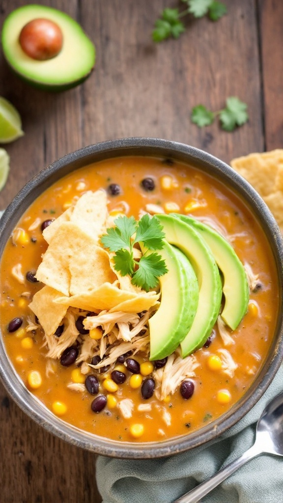 A bowl of creamy chicken tortilla soup with tortilla strips, avocado, and cilantro on a rustic table.