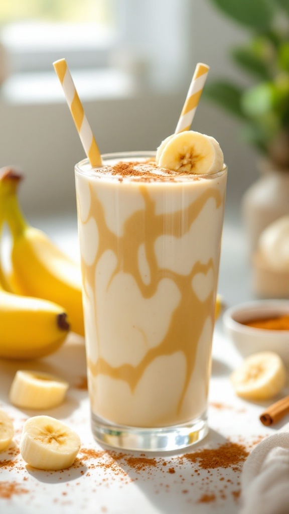 A creamy vanilla cinnamon banana smoothie in a glass, decorated with banana slices and cinnamon on a sunny kitchen counter.