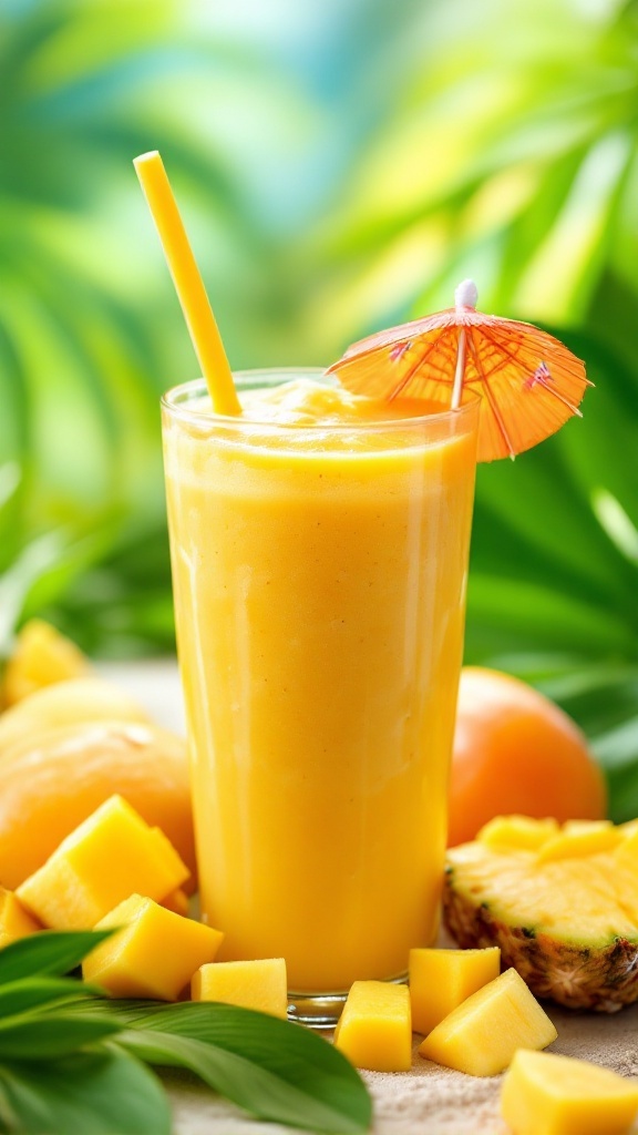 A refreshing mango pineapple smoothie in a glass, garnished with fruit slices and set against a tropical backdrop.