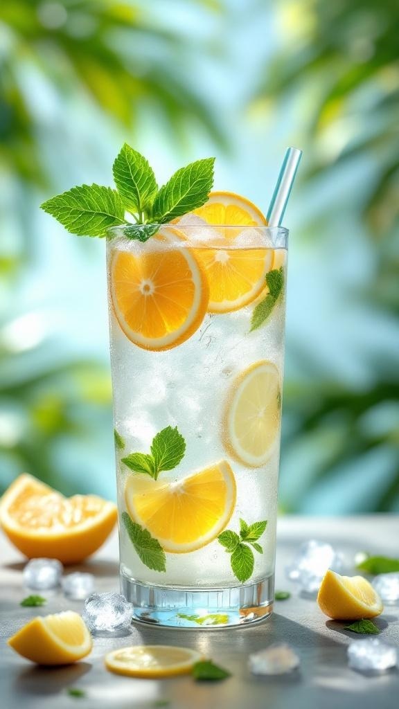 A refreshing coconut water electrolyte drink with citrus slices and mint, served in a glass with ice.