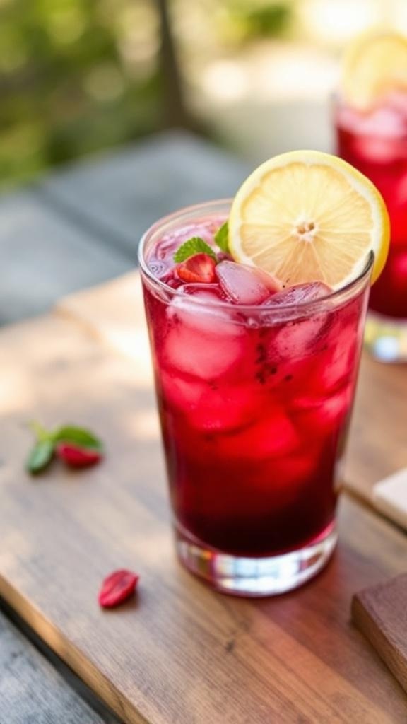 A glass of hibiscus iced tea with lemon and mint, served over ice on a sunny table.