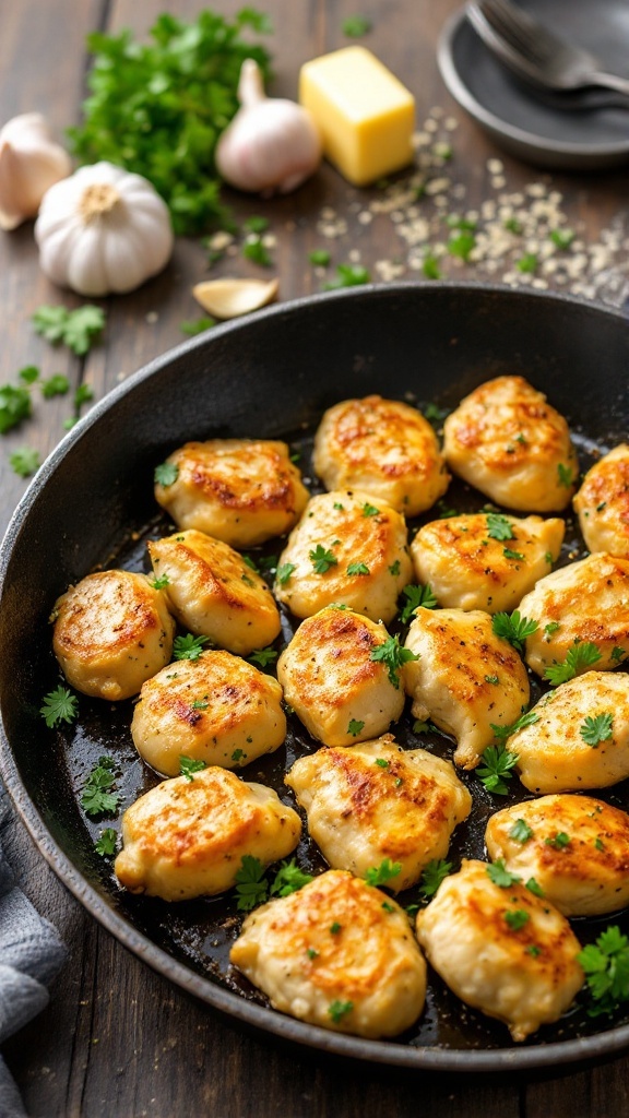 Garlic butter chicken bites in a skillet, garnished with parsley, ready to serve on a rustic table.