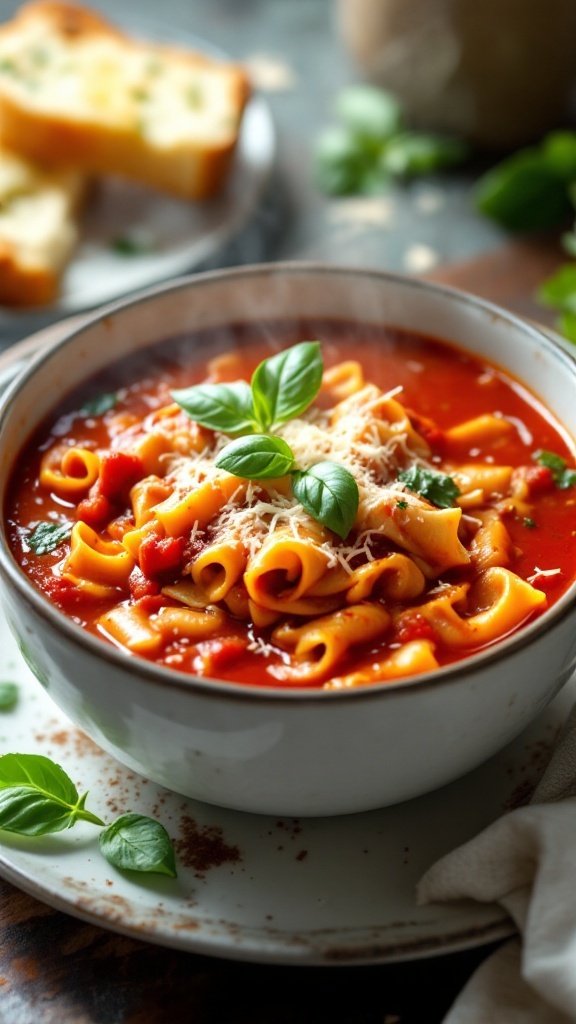 A comforting bowl of lasagna soup with cheese, pasta, and herbs on a rustic table with garlic bread.