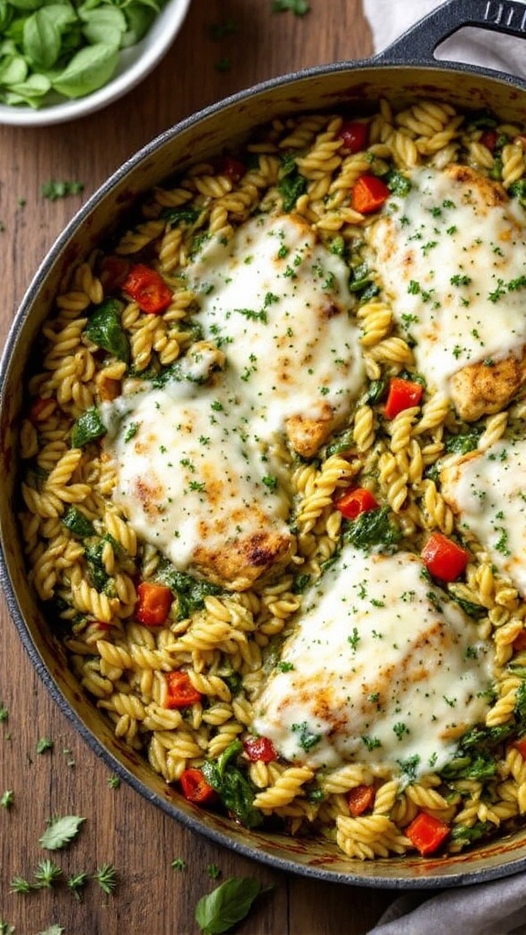 A creamy pesto chicken orzo bake with melted cheese and colorful ingredients, served in a skillet.