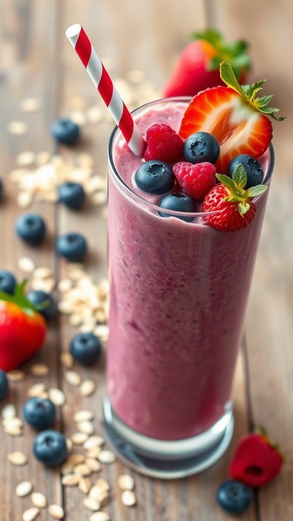Berry Oatmeal Breakfast Smoothie in a glass topped with berries on a rustic table.