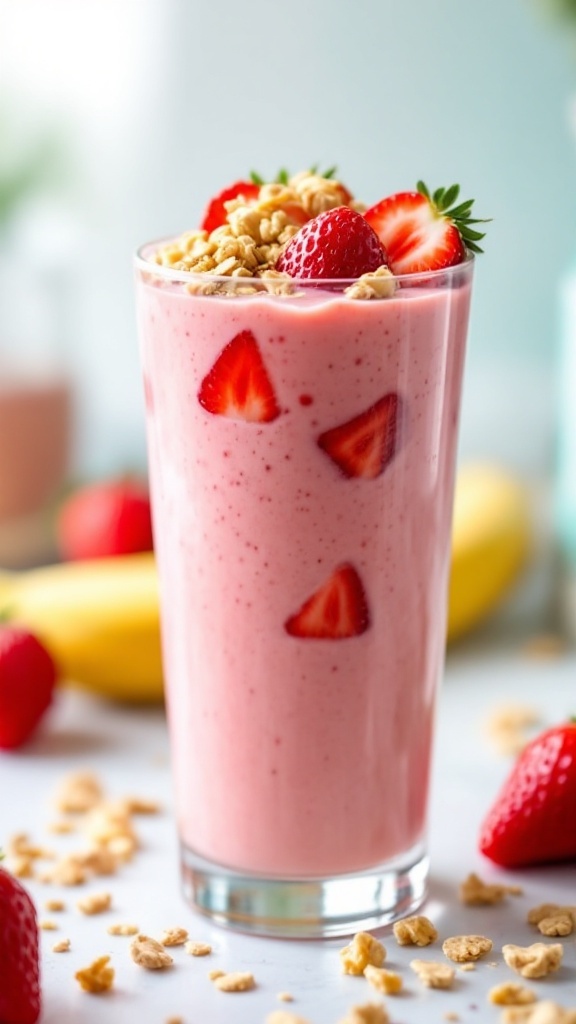 A glass of strawberry yogurt parfait smoothie topped with granola and strawberries, with a banana in the background.