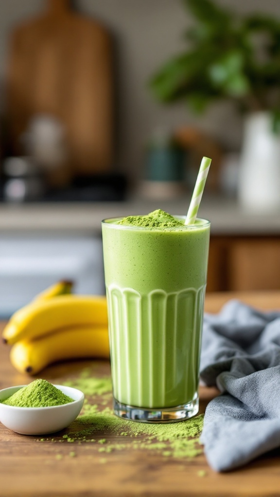 A refreshing matcha green tea protein shake served in a glass, with bananas and matcha powder in the background.