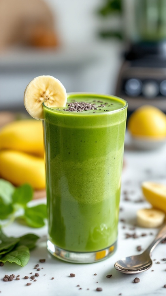 A green banana spinach smoothie in a glass, with banana slice and chia seeds, set against a bright kitchen backdrop.