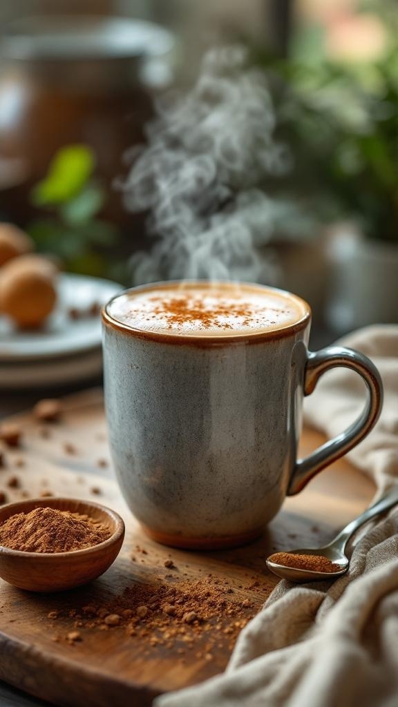 A cup of mushroom coffee with cinnamon on a wooden table, surrounded by mushroom powder and a spoon.