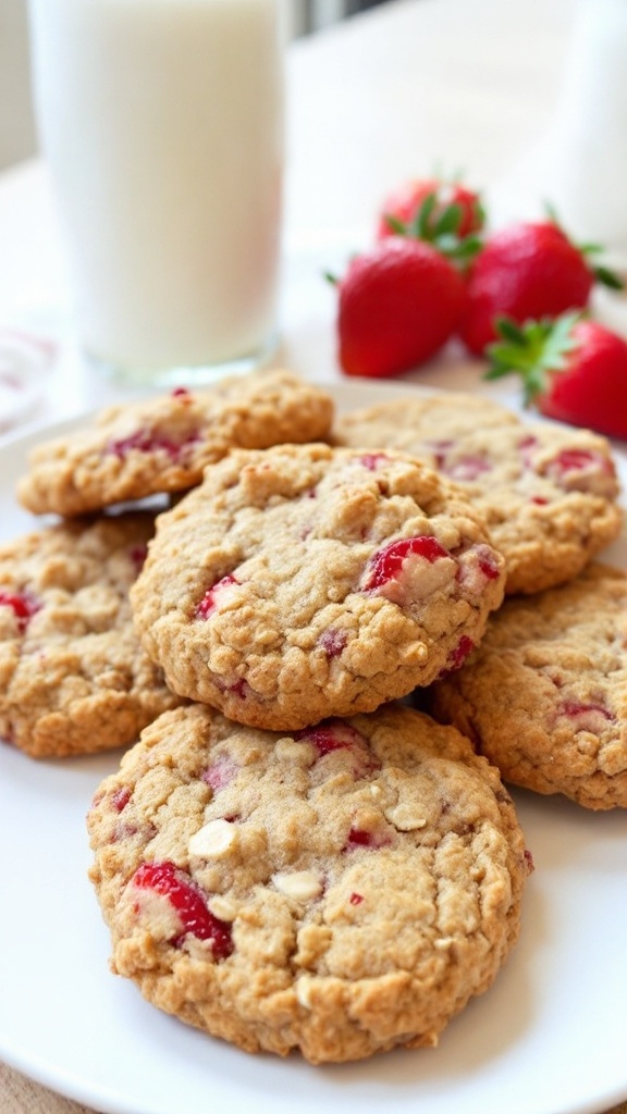 A plate of golden brown strawberry banana oat cookies with fresh strawberries.