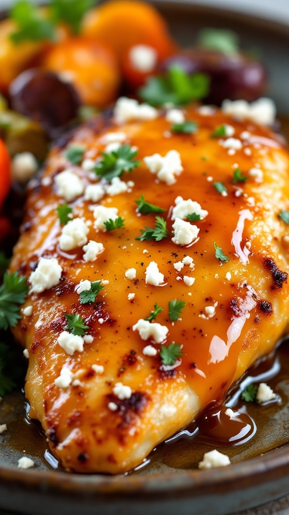 Crispy chicken thigh drizzled with hot honey and topped with feta cheese on a plate with roasted vegetables.
