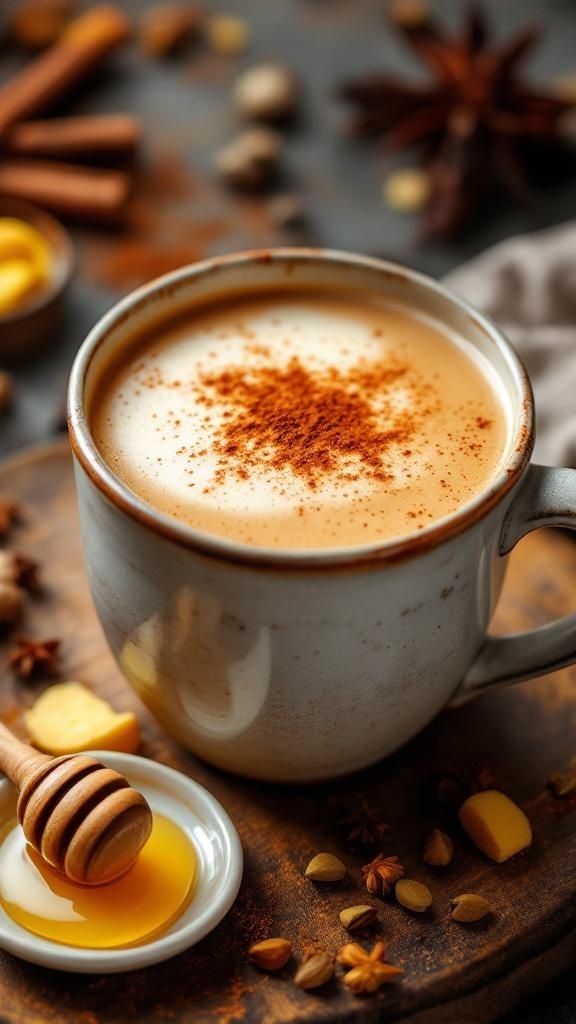A cozy cup of herbal chai latte with cinnamon garnish, surrounded by spices and honey.