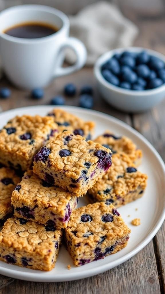 Healthy blueberry oatmeal breakfast bars on a plate with fresh blueberries.