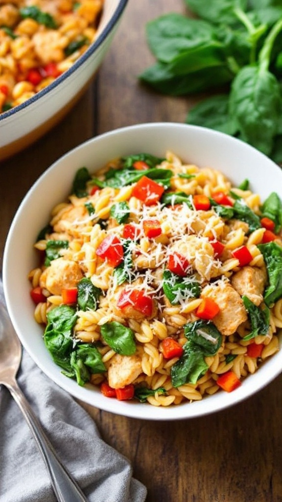 A colorful serving of Spicy One Pot Chicken Orzo with chicken, spinach, and red peppers, garnished with Parmesan cheese.