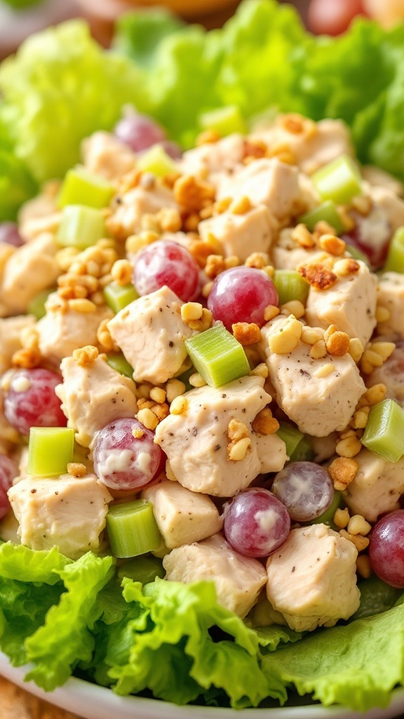 A colorful bowl of chicken salad with diced chicken, celery, grapes, and nuts on lettuce.