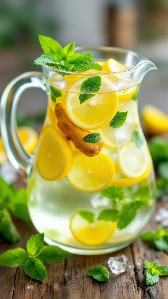 A pitcher of detox water with lemon and ginger slices, garnished with mint leaves, on a wooden table.