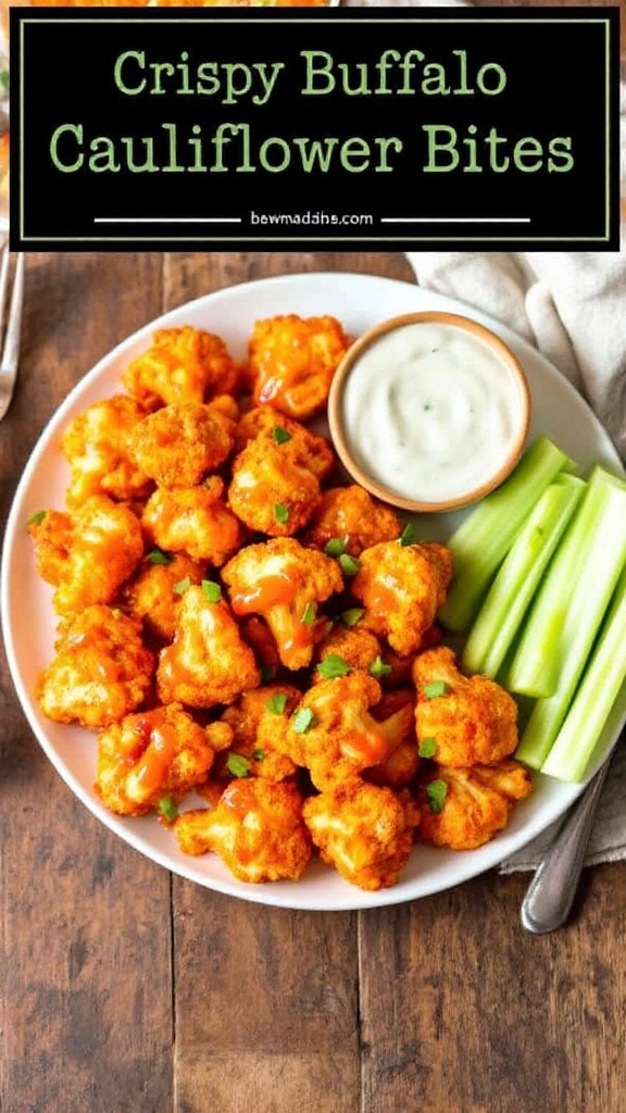 Crispy buffalo cauliflower bites on a plate with ranch dressing and celery sticks.