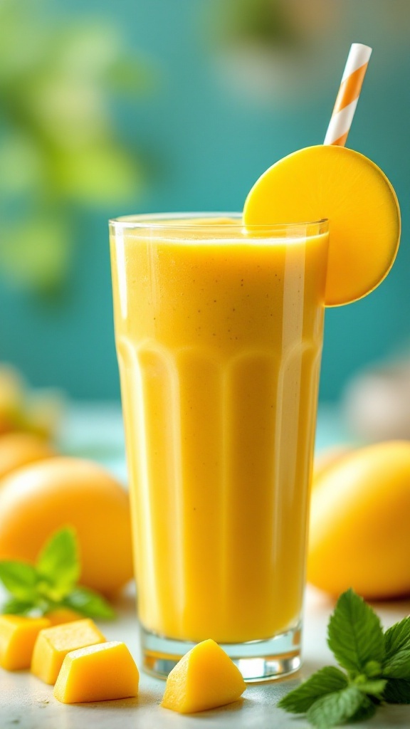 A glass of mango smoothie garnished with a slice of mango and mint, set against a sunny kitchen background.