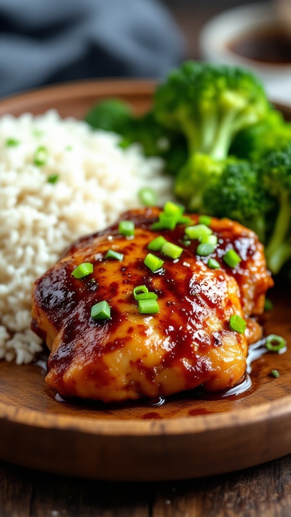 Savory brown sugar garlic chicken thigh garnished with green onions, served with rice and broccoli.