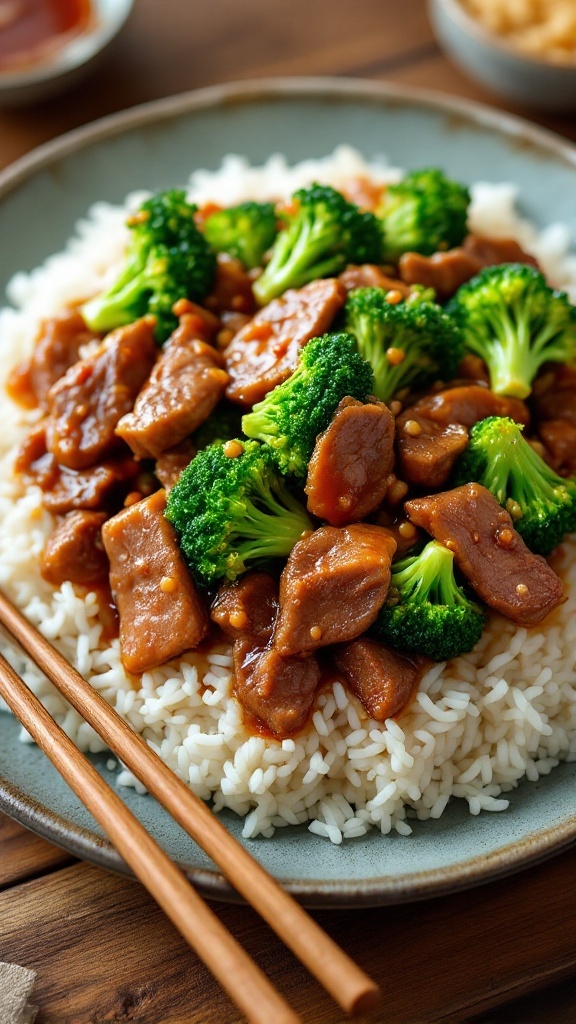 Beef and broccoli stir-fry served over rice, with chopsticks on a rustic table.