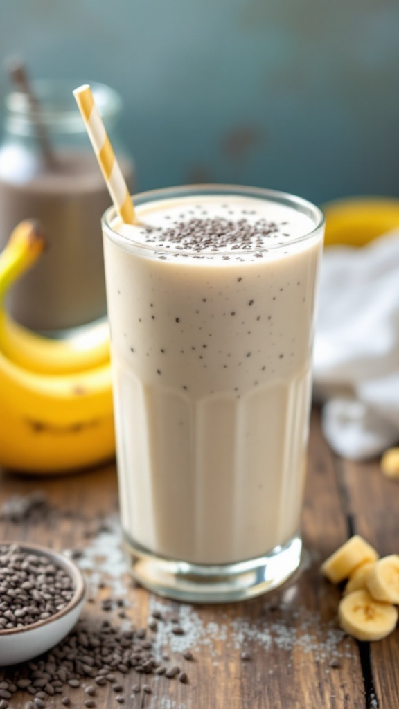A healthy vanilla chia seed breakfast shake in a glass, topped with chia seeds, surrounded by bananas, on a wooden table.