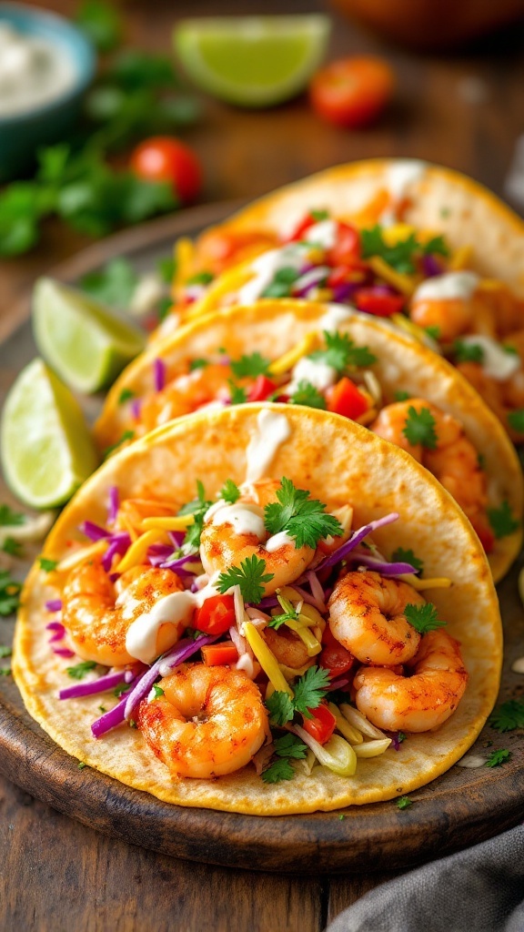 Shrimp tacos with cabbage slaw and lime crema on a rustic table.