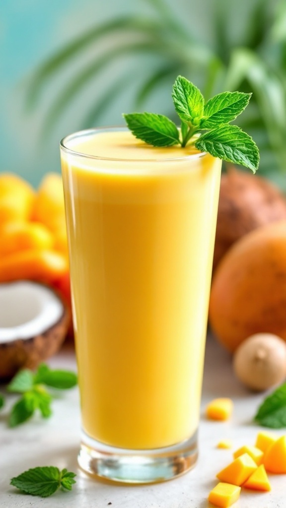 A delicious mango coconut protein shake in a glass with mint, surrounded by tropical fruits.