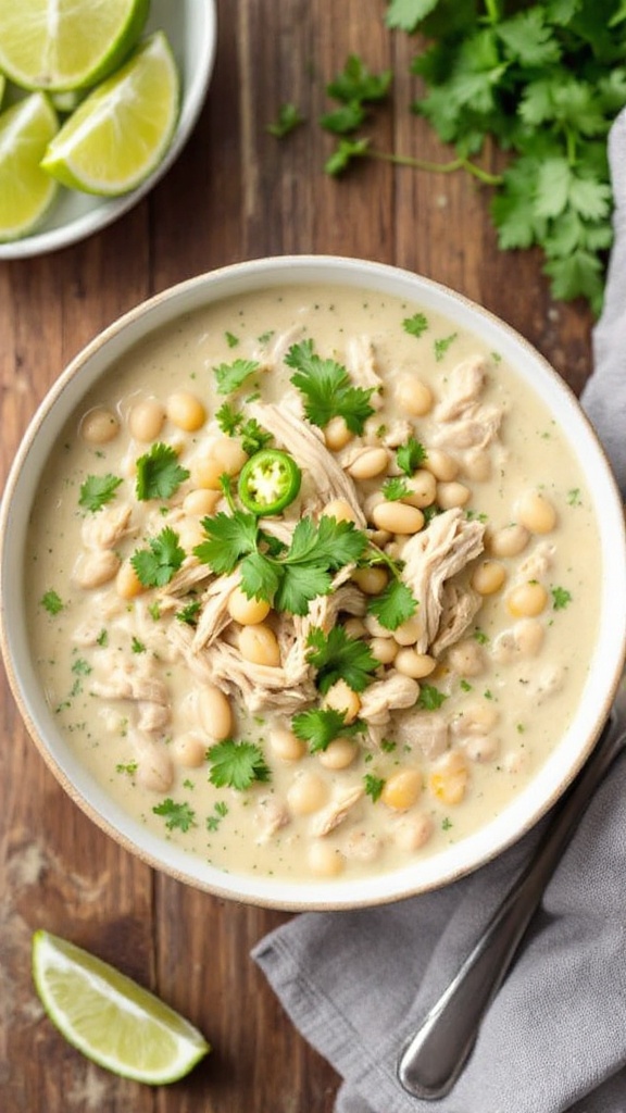 A bowl of creamy white chicken chili with chicken, beans, garnished with cilantro and lime on a wooden table.