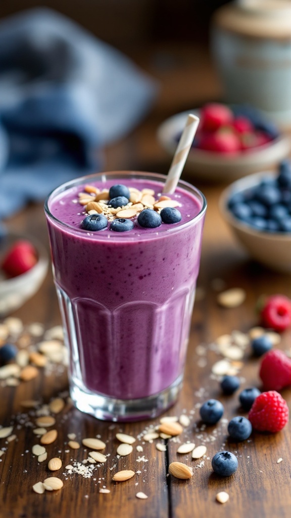Berry Almond Protein Smoothie in a glass with fresh berries and almonds on a rustic wooden table.