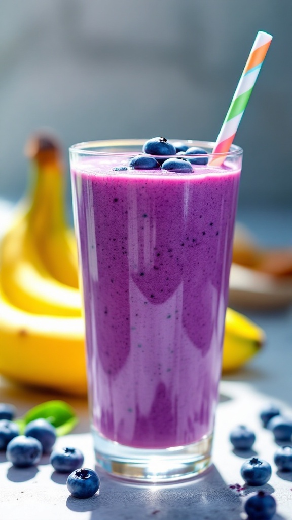 A blueberry protein smoothie in a clear glass, garnished with blueberries and a straw, against a backdrop of fresh ingredients.
