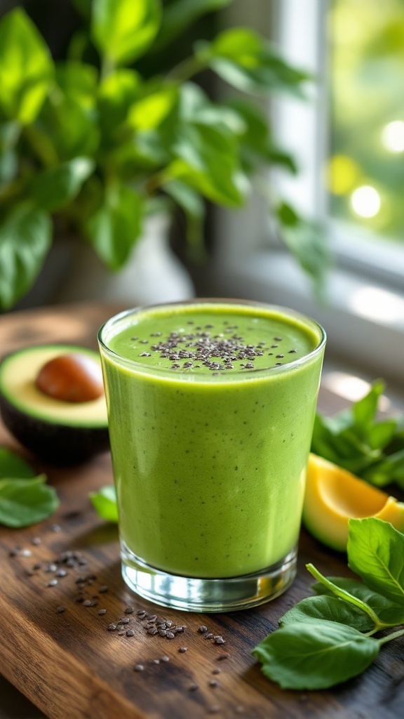 A green smoothie with avocado and spinach, garnished with chia seeds, on a wooden table.