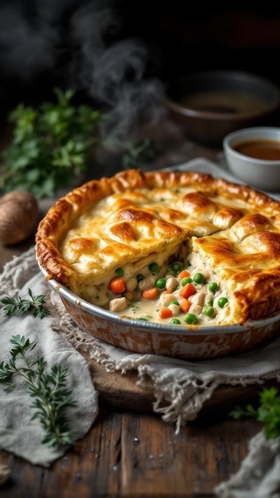 Golden-brown chicken pot pie with flaky crust and creamy filling, served on a rustic table.