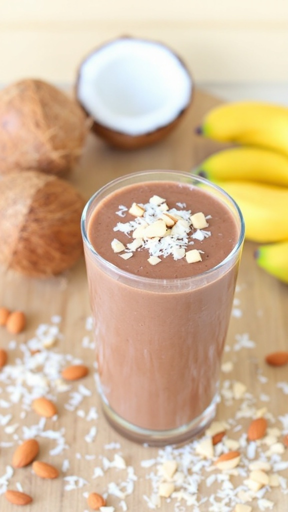 Coconut Almond Joy Smoothie in a glass, topped with almonds and coconut, on a wooden table with coconuts and bananas.