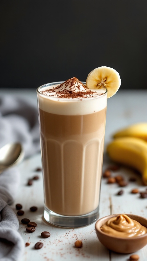 A tall glass of coffee protein shake garnished with cocoa powder and banana, with coffee beans on a wooden table.