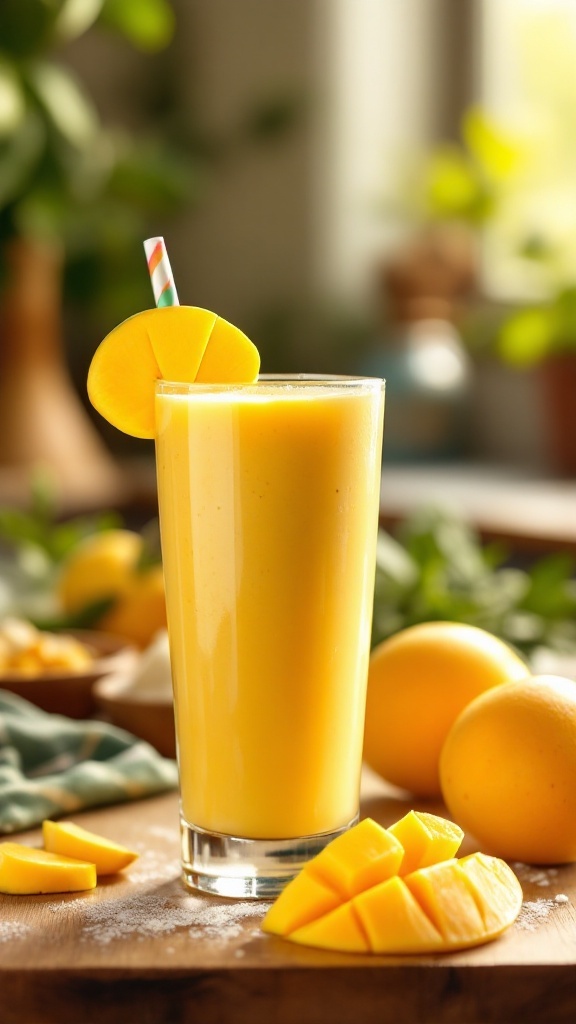 A delicious mango vanilla smoothie in a glass, garnished with a mango slice, on a bright kitchen table.