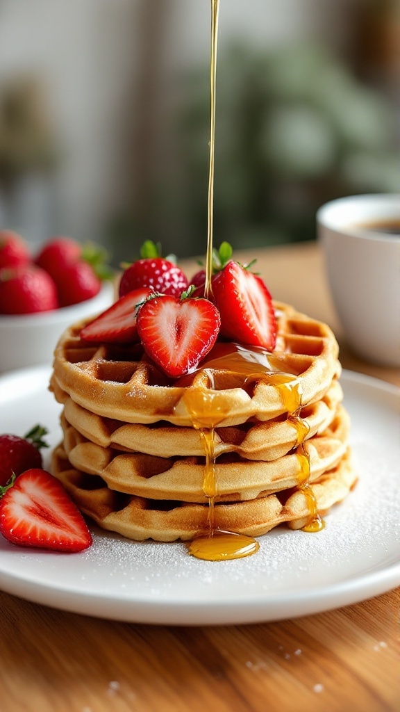 A stack of healthy protein waffles topped with strawberries and honey on a white plate, with a cozy kitchen backdrop.